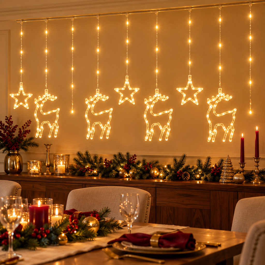 Cortina LED Navideña Renos y Estrellas