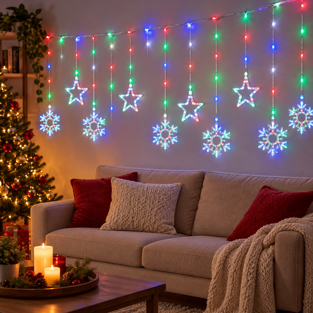 Cortina De Luces Estrella Y Copos Luces